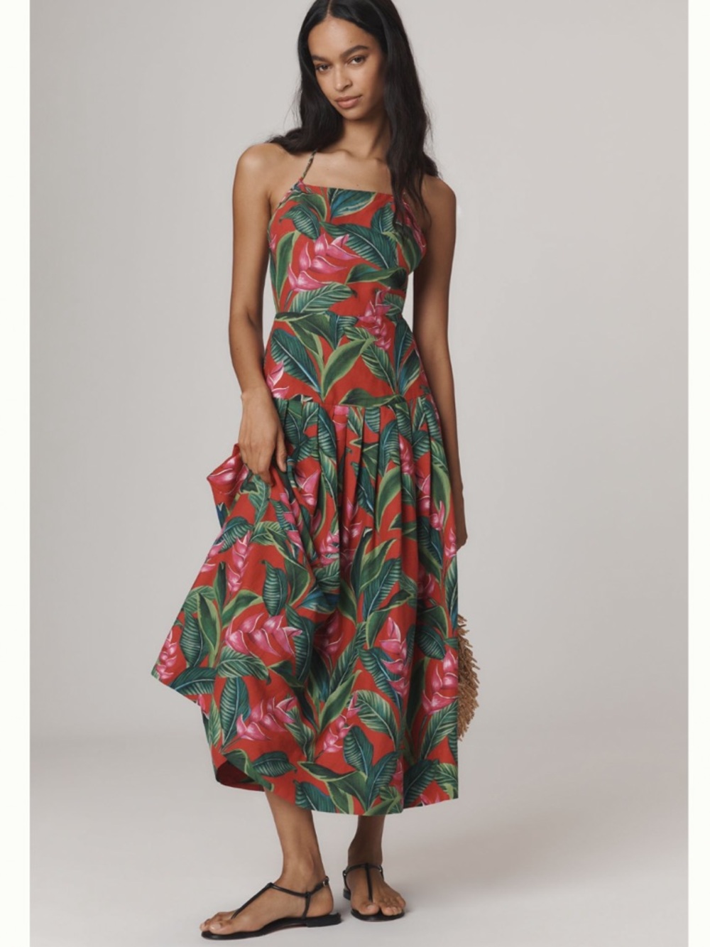 Nwt Farm Rio linen blend Red Tropical Print Spaghetti-Strap Midi Dress